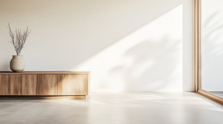 A well-designed living room featuring a wooden sideboard a decorative vase with dry branches and ample natural light streaming through large windows. The neutral tones create a calming atmosphere.の素材