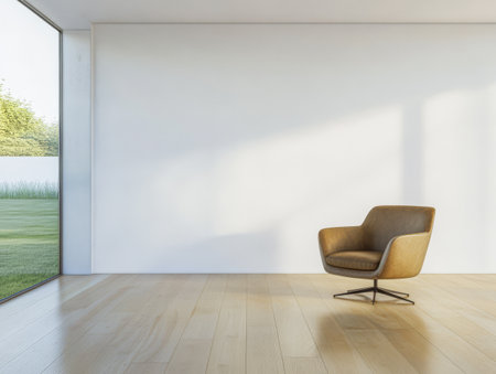 A spacious modern room showcases a stylish brown chair placed near a large glass window allowing natural light to illuminate the interior. Green grass is visible outside.の素材