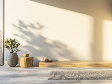 Bright sunlight streams through the window creating soft shadows on a minimalistic interior. A wooden bench pairs with a stone vase and a plant enhancing the natural aesthetic of the space.の素材
