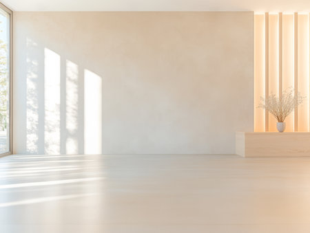 A serene interior space features warm sunlight streaming through large windows illuminating the pale walls and wooden flooring.の素材