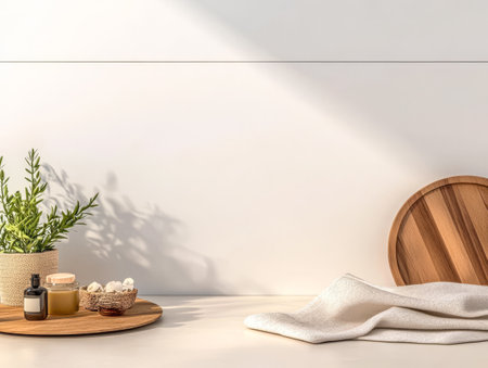 A serene spa arrangement features wooden trays with natural skincare items a soft towel and lush green plant accents. The minimalistic design enhances a calming atmosphere for self-care.の素材