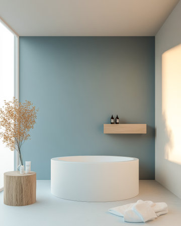 A serene bathroom features a round white tub a light wood side table with decorative items and soft sunlight filtering through large windows creating a calming atmosphere.の素材