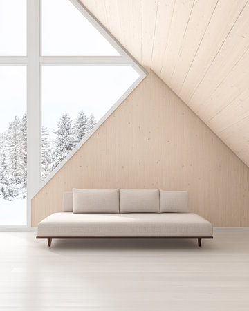 A cozy living area features a light-colored sofa positioned near expansive windows. Snow-covered trees are visible outside creating a serene winter atmosphere that enhances the minimalist design.の素材