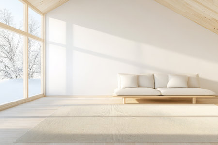 Bright and spacious living area features a simple couch and light wood flooring. Large windows allow sunlight to fill the room offering a serene winter landscape outside.の素材
