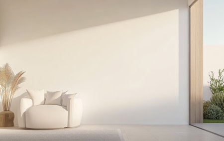 Bright indoor space features a white circular chair and a serene atmosphere created by sunlight illuminating the room. An open door reveals a tranquil outdoor area with greenery.の素材