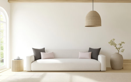 Sunlight fills a minimalist living room featuring a white sofa adorned with soft pillows. Natural decor elements including a leafy plant and wooden accents enhance the serene atmosphere.の素材
