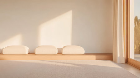 Bright and airy room showcases minimalist design featuring soft cushions arranged on a wooden platform illuminated by warm sunlight filtering through sheer curtains.の素材