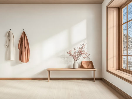 Sunlight streams through a large window in a minimalist room featuring a wooden bench clothing hangs on hooks and a vase with flowers adds a touch of nature creating a serene environment.の素材