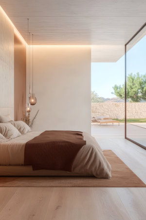 A beautifully designed bedroom showcases a cozy bed with warm linens soft lighting and large glass doors opening to a tranquil outdoor space. The setting emphasizes simplicity and calmness.の素材