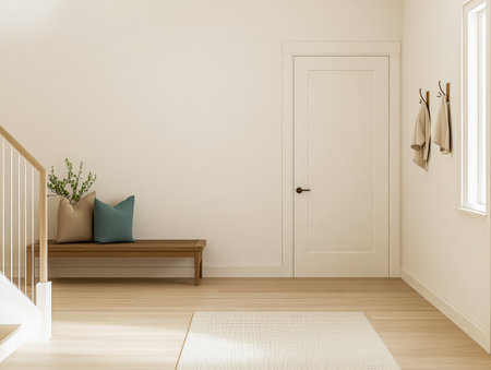 A bright entryway features a wooden bench with pillows a door leading to another room and natural light filtering through a window. The decor emphasizes simplicity and comfort.の素材