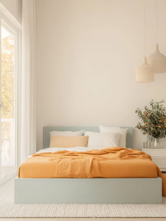 A spacious bedroom features a large bed dressed in a warm orange blanket surrounded by natural light from large windows. The soft decor creates a serene atmosphere.の素材