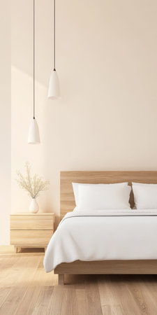 A spacious bedroom showcases a wooden bed frame with white bedding a nightstand and soft pendant lights. Natural light streams in enhancing the calm atmosphere of the room.の素材