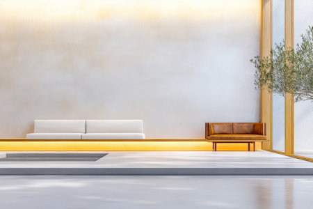 A spacious lounge area features white walls large windows allowing natural light and a mix of seating. Soft textures and warm wood accents create a peaceful atmosphere for relaxation.の素材