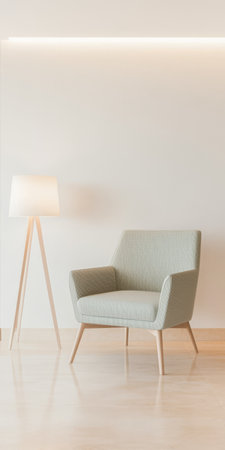 A soft green armchair with wooden legs sits next to a standing lamp in a bright minimalist room. Natural light enhances the serene ambiance of the space highlighting its simplicity.の素材