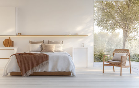 A bright bedroom features a comfortable bed with soft linens and decorative pillows. Large windows allow natural light to fill the space showcasing a tranquil outdoor view with greenery.の素材