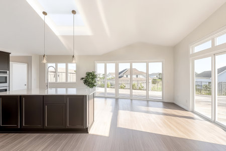 Spacious kitchen features modern design with dark cabinetry and large island complemented by abundant natural light from oversized windows facing the outdoor deck area.の素材