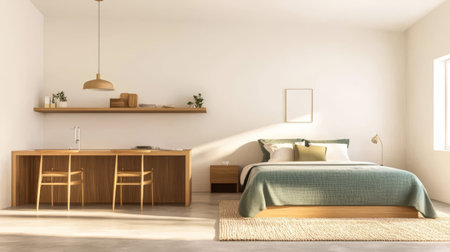 In a well-lit spacious bedroom featuring a comfortable bed and natural decor a wooden desk and chairs create a serene workspace. Sunlight enhances the calming atmosphere.の素材