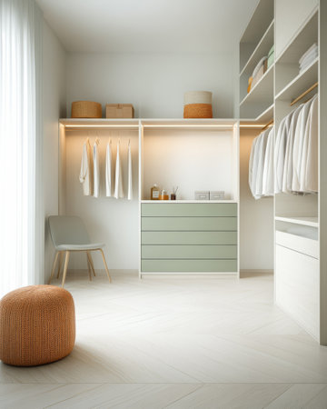 A stylish dressing room features light-colored walls a spacious closet with organized clothing and soft natural light streaming through a window.の素材