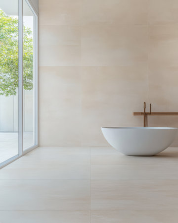 A spacious and modern bathroom showcases a sleek freestanding tub positioned next to large windows. Natural light floods the area highlighting the soft tones of the walls and floor.の素材