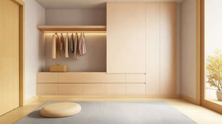 A spacious interior showcases a minimalist design with light wood furniture a simple area rug and soft natural lighting streaming in through large windows enhancing the tranquil atmosphere.の素材