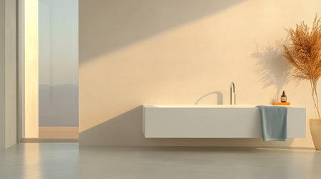 A spacious bathroom showcases a sleek freestanding tub positioned against a soft beige wall. Natural light streams in through the door highlighting a simple decor with a plant and towel.の素材