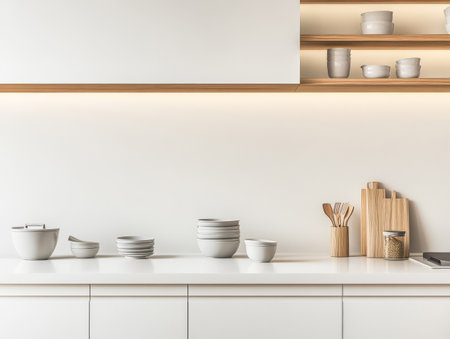 A modern kitchen features a minimalist design with white cabinetry. The countertop displays various ceramic bowls and wooden utensils creating a clean and organized appearance.の素材