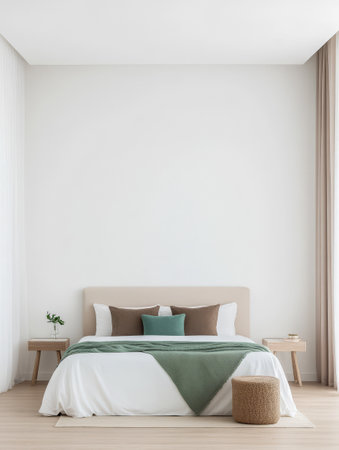 A spacious bedroom features a neatly made bed with a green and white comforter. Natural light streams through large windows highlighting simple decor and wooden elements.の素材