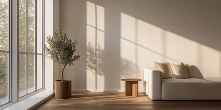 A spacious indoor area features a white sofa and a round wooden table with soft sunlight casting shadows. A potted plant adds a touch of nature to the calming atmosphere.の素材