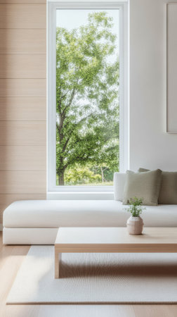 A bright living room features a white sofa with green cushions a wooden coffee table and a large window offering a view of vibrant trees outside. Natural light fills the space.の素材