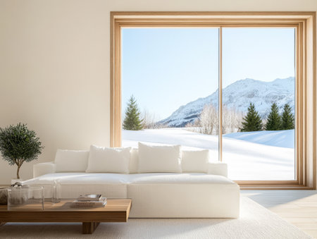 A bright living room features a minimalistic design with a white couch and wooden coffee table. Outside snow-covered mountains and evergreen trees create a serene winter landscape.の素材