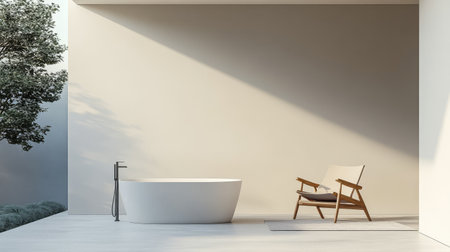 A modern outdoor space featuring a sleek freestanding bathtub beside a minimalist wooden chair. Soft light casts gentle shadows on the walls enhancing the serene ambiance.の素材