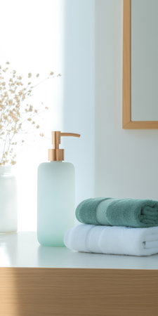 Soft green and white towels are neatly stacked next to a glass skincare bottle in a bright bathroom. Sunlight filters through a window creating a serene atmosphere.の素材