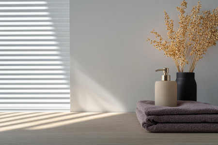 A peaceful bathroom arrangement features a soft towel stack a decorative vase holding dried flowers and a sleek soap dispenser. Soft light streams through a window adding warmth.の素材