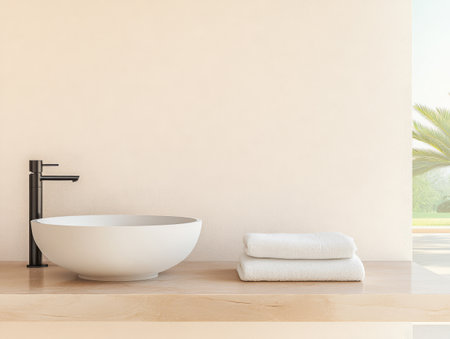 A stylish bathroom features a sleek black faucet and a round white sink on a wooden countertop. Neatly folded white towels sit nearby enhancing the contemporary design and tranquil atmosphere.の素材