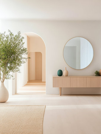 Open and airy living space showcases clean lines and soft colors. A large vase with greenery complements simple decor. Reflected light enhances the room's tranquility and warmth.の素材
