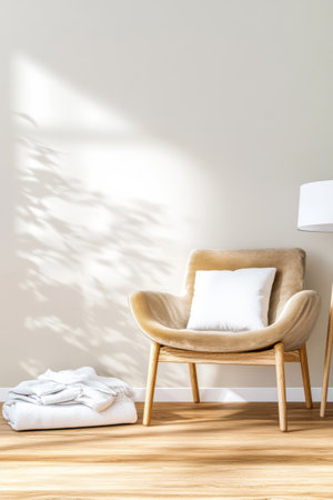 A warm and inviting corner showcases a stylish chair with a pillow complemented by a neatly folded blanket on the floor and a lamp casting soft light creating a tranquil ambiance.の素材