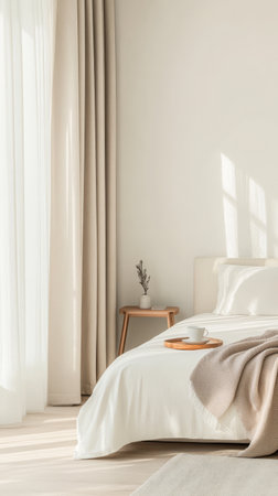 A bright bedroom features a soft white bed with a textured blanket a wooden side table with a cup and light curtains letting in sunlight creating a serene atmosphere.の素材