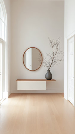 A spacious room features a round mirror above a wooden table. A stylish vase holds a bare branch enhancing the minimalist decor. Soft natural light illuminates the light wood floor.の素材