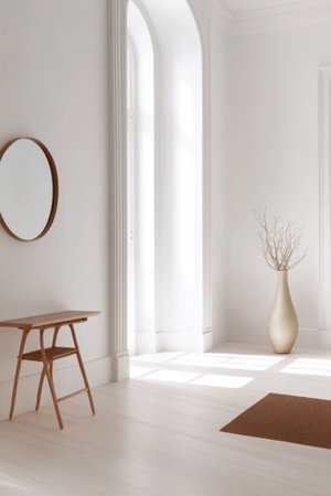 A beautifully arranged minimalist living space features a round mirror and a slender vase with dried branches. Soft light pours in through large windows highlighting the serene ambiance.の素材
