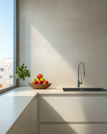 A modern kitchen features a sleek sink a wooden bowl filled with colorful apples and a vibrant green plant. Sunlight streams in from large windows lighting up the room and city view.の素材