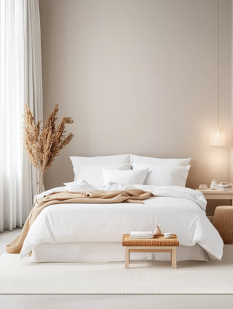 A beautifully arranged bedroom features a comfortable bed with white linens and a soft tan throw. Natural elements like pampas grass add warmth to the tranquil space.の素材