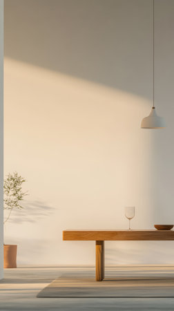 Soft sunlight streams through a minimalist space illuminating a wooden table glass and a bowl. A small plant adds a touch of nature creating a serene and inviting atmosphere.の素材
