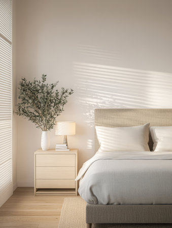 A serene bedroom showcases a neutral color palette with a simple bed dressed in light bedding. Natural light filters through the blinds casting soft shadows.の素材