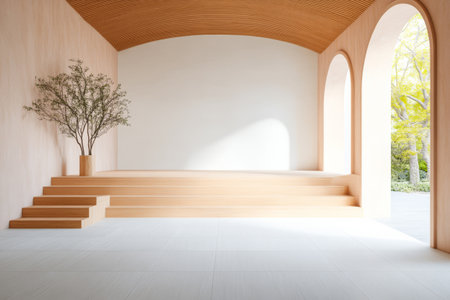 An open interior features soft natural light illuminating wooden steps and a minimalist design. A potted tree adds a touch of nature enhancing the serene ambiance.の素材