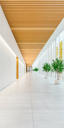 A spacious corridor showcases minimalist design with wooden beams and large glass windows. Potted plants line the area providing a touch of nature and enhancing the airy atmosphere.の素材