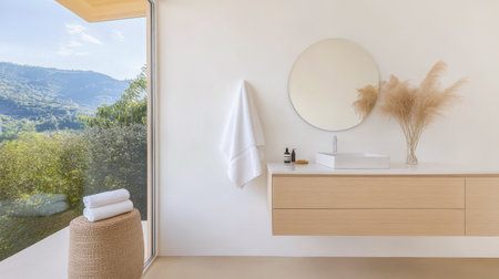 This spacious bathroom features a minimalist design with light wood accents a large mirror and soft white towels. A stunning mountain view enhances the serene atmosphere perfect for relaxation.の素材