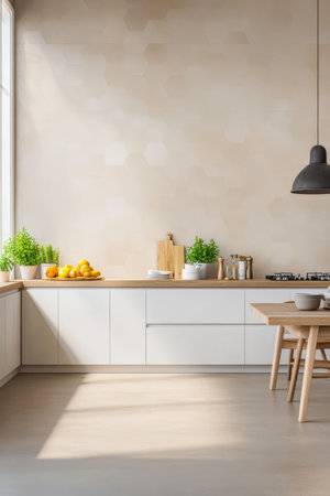 A spacious kitchen features large windows allowing ample natural light. The minimalist design includes potted plants wooden accents and a simple dining table set.の素材