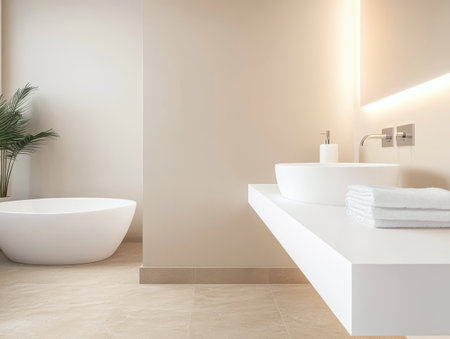 This spacious bathroom showcases a contemporary design with a freestanding bathtub and a stylish countertop sink. Natural light enhances the neutral color palette and clean lines.の素材