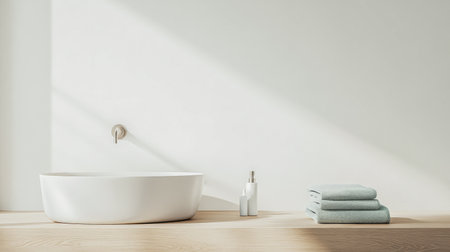A spacious bathroom showcases a sleek white basin and a minimalist design. Soft natural light floods the space enhancing the fresh towels and subtle decor elements that create a serene atmosphere.の素材