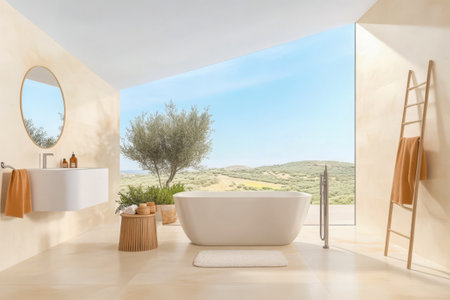This serene bathroom features a stylish freestanding tub and minimalistic decor. Large windows provide a panoramic view of lush greenery bringing the outdoors inside.の素材
